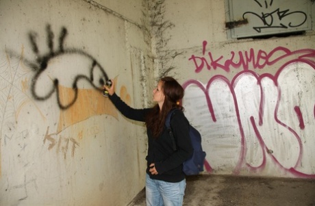 Young looking teen spills cum from her mouth after getting caught tagging 68227234