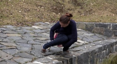 Caucasian girl Antonia Sainz pauses to take a piss near a storm drain 45468075