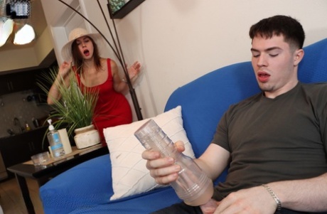 Lana Blade helps her stepbrother out while he's jerking off on a sofa 80137421