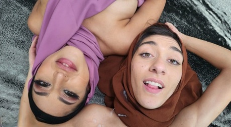 Sophia Leone and Aubrey Babcock sport hijabs during POV threesome sex