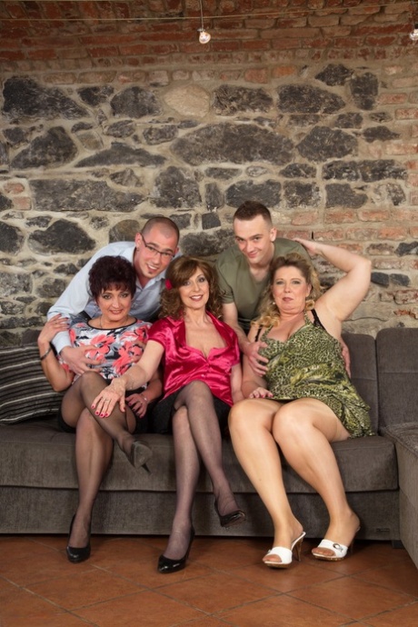 Horny mature cougar trio seduce a couple of young studs for steamy groupsex 68697493