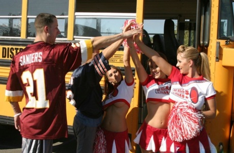 Three slutty cheerleaders starting a fervent orgy in the school bus 90789113